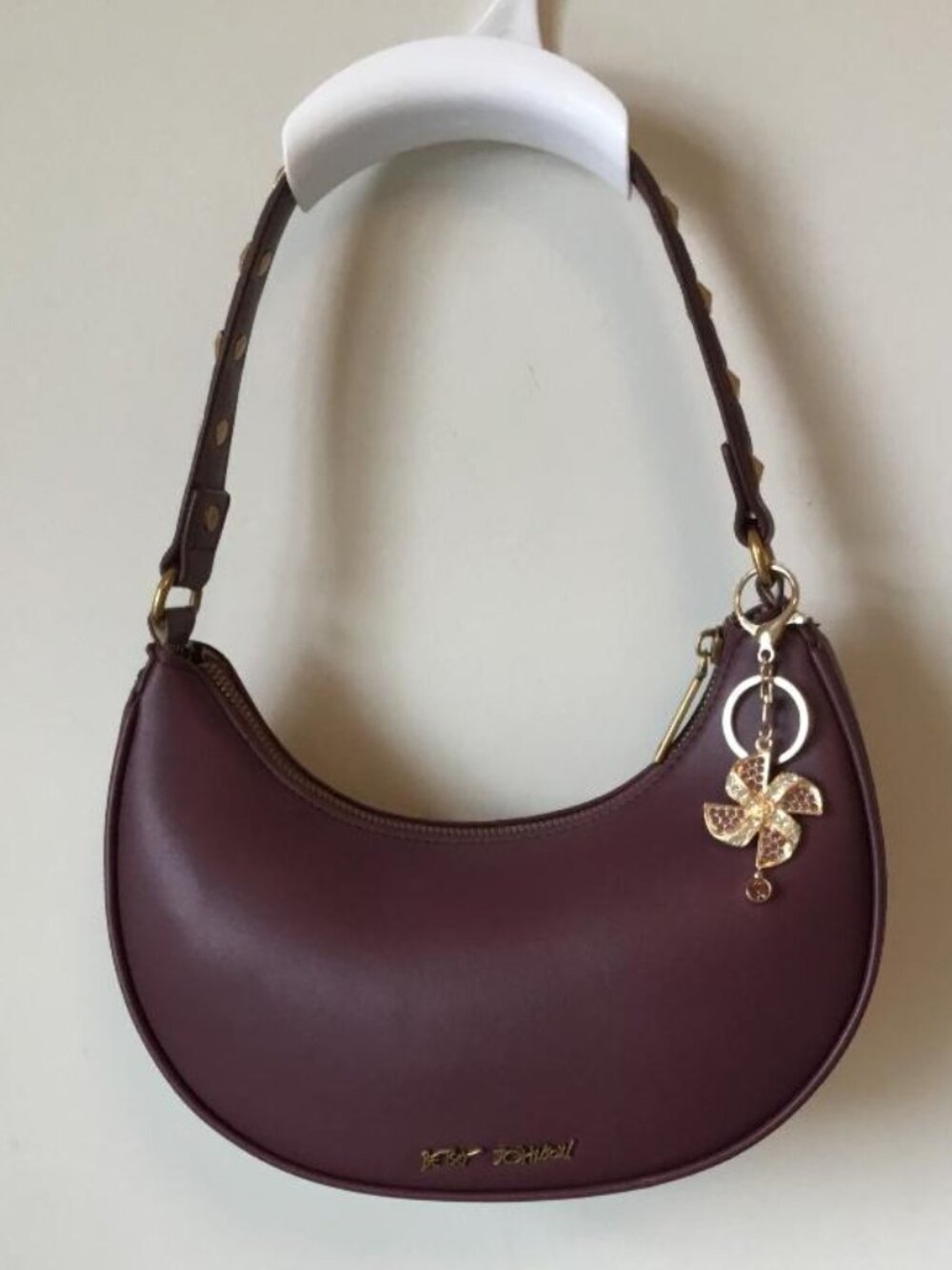 Betsey Johnson Burgundy Crescent Shoulder Bag Gold Studs Zip Close & Charm NWOT